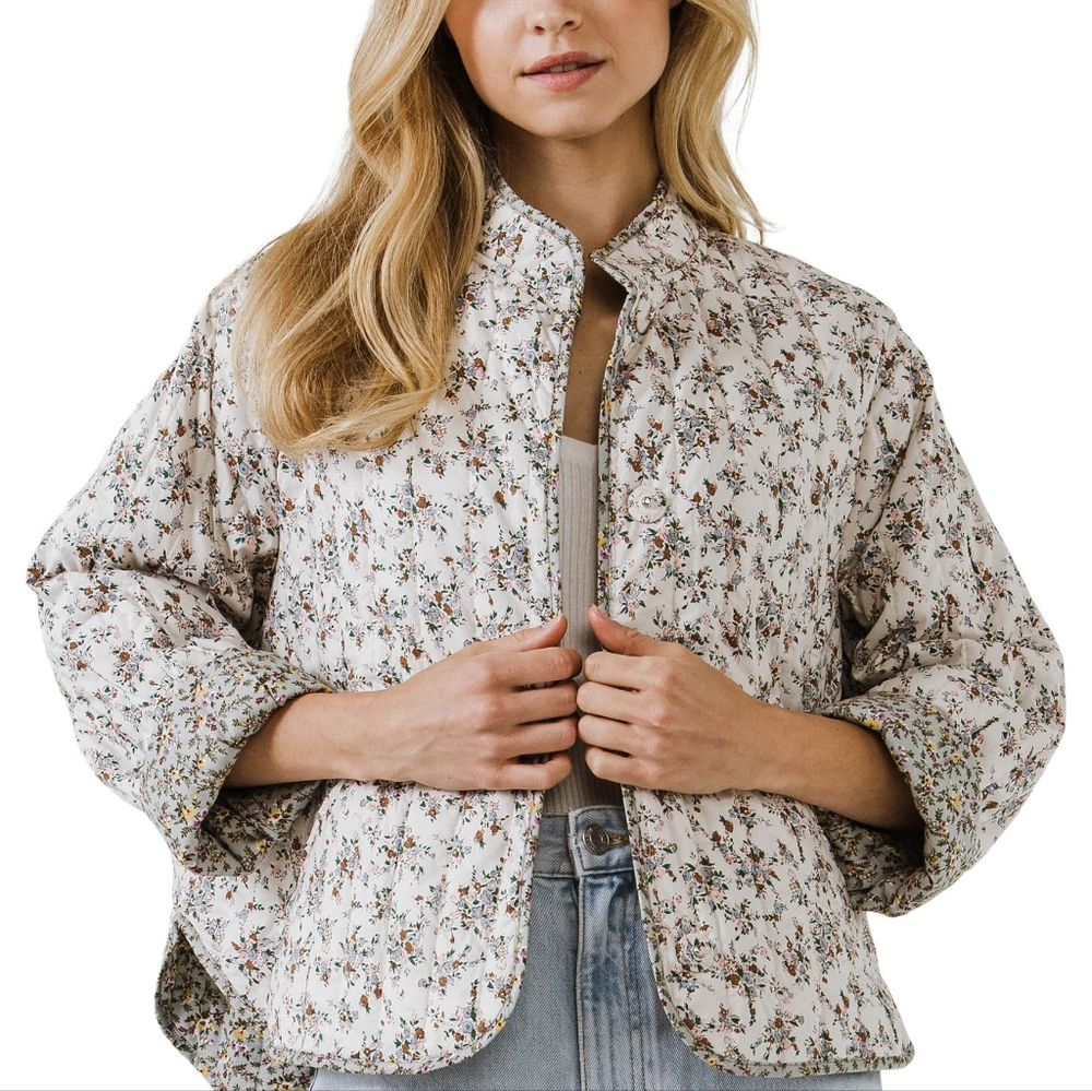 English Factory - Quilted Floral Jacket, Neutral Cream/Blue, Small